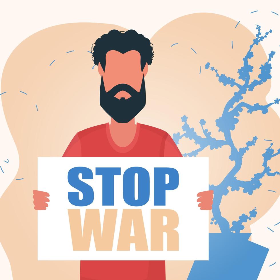 ein mann hält ein banner mit der aufschrift stop the war in seinen händen. Banner für den Frieden in der Ukraine. Cartoon-Stil. Vektor. vektor