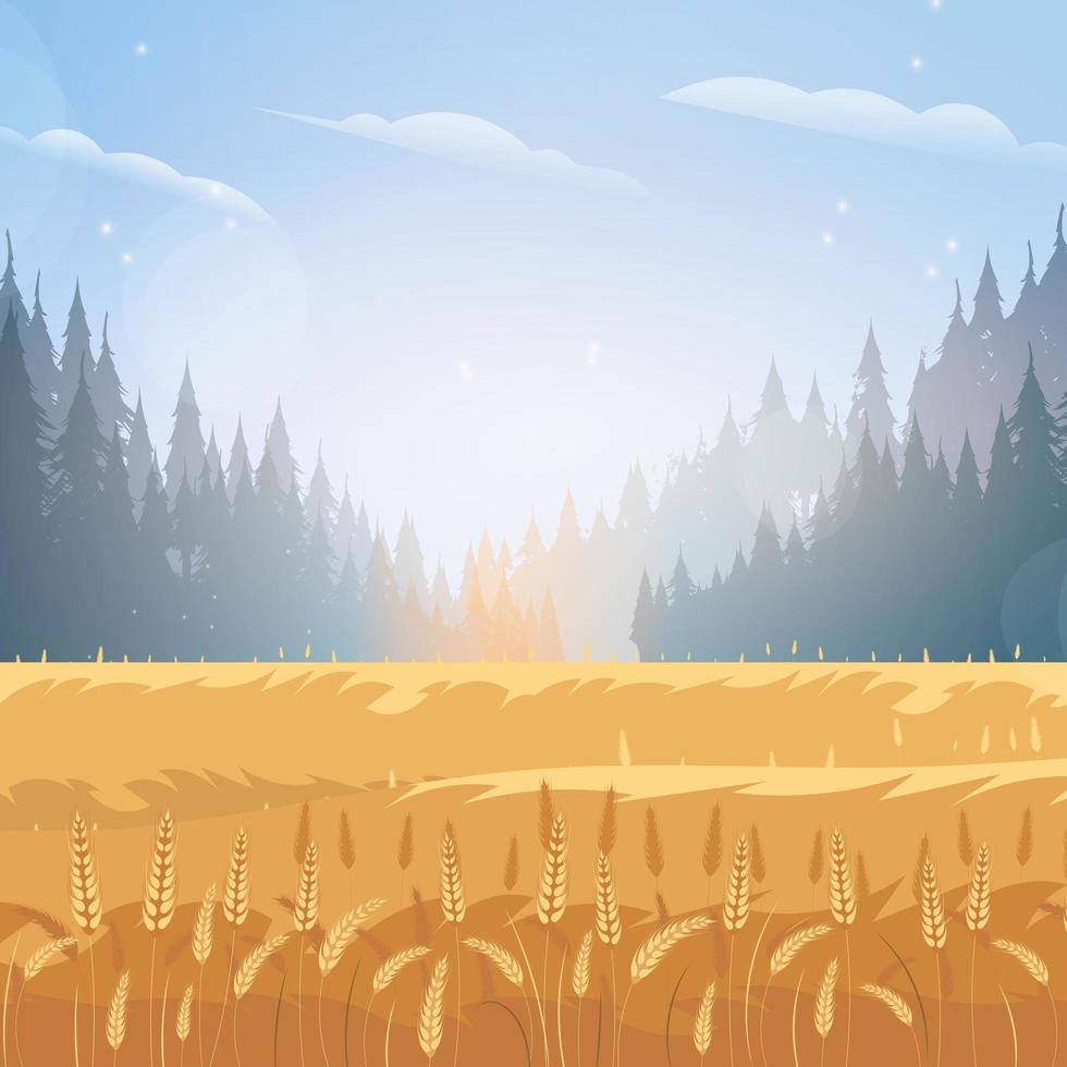 Ländliche Landschaft mit Weizenfeld und dem blauen Himmel im Hintergrund. Vektor-Illustration. vektor