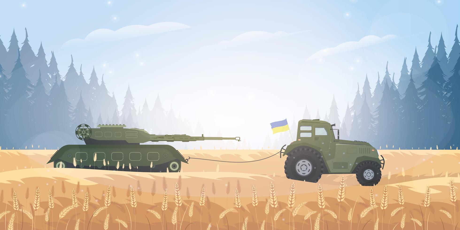 Ein ukrainischer Bauer hat einen russischen Panzer mit einem Traktor gestohlen. Ein Traktor zieht einen Militärpanzer über das Feld. Cartoon-Stil. Vektor-Illustration. vektor