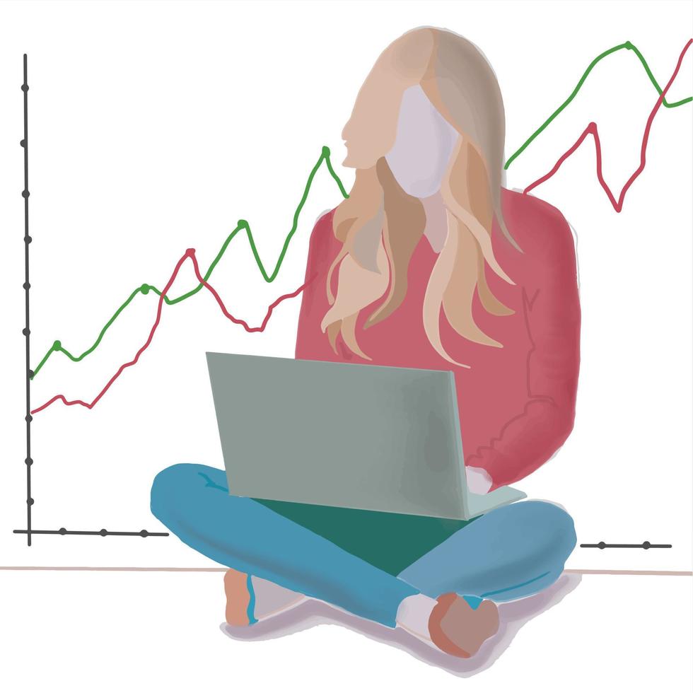 näthandel. näringsliv, finans och handel. kvinna köper och säljer kryptovaluta, aktier och obligationer för forex på bärbara datorer. vektor illustration på vit bakgrund.