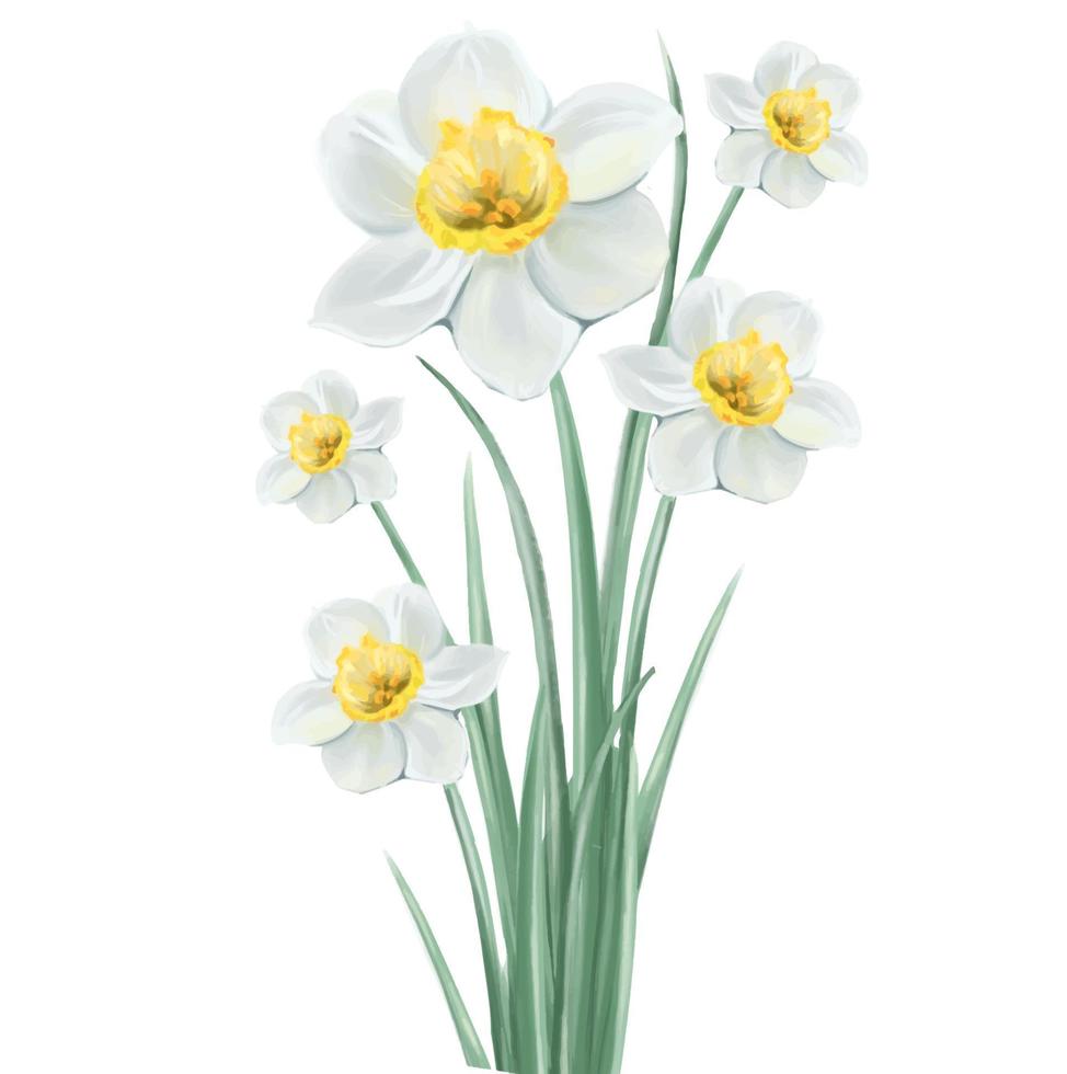 bukett påskliljor blommor i glas vas illustration, isolerade vektor på vit bakgrund