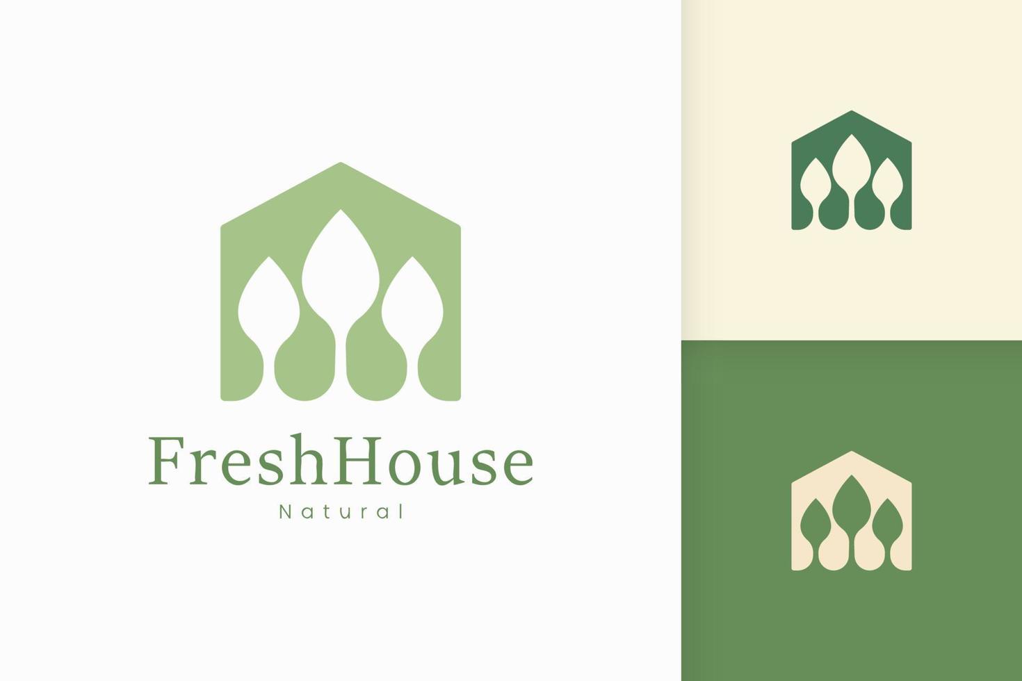 natur grönt hus logotyp med träd och blad form vektor