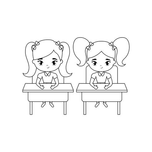 kleine Studentinnen sitzen in Schultischen vektor