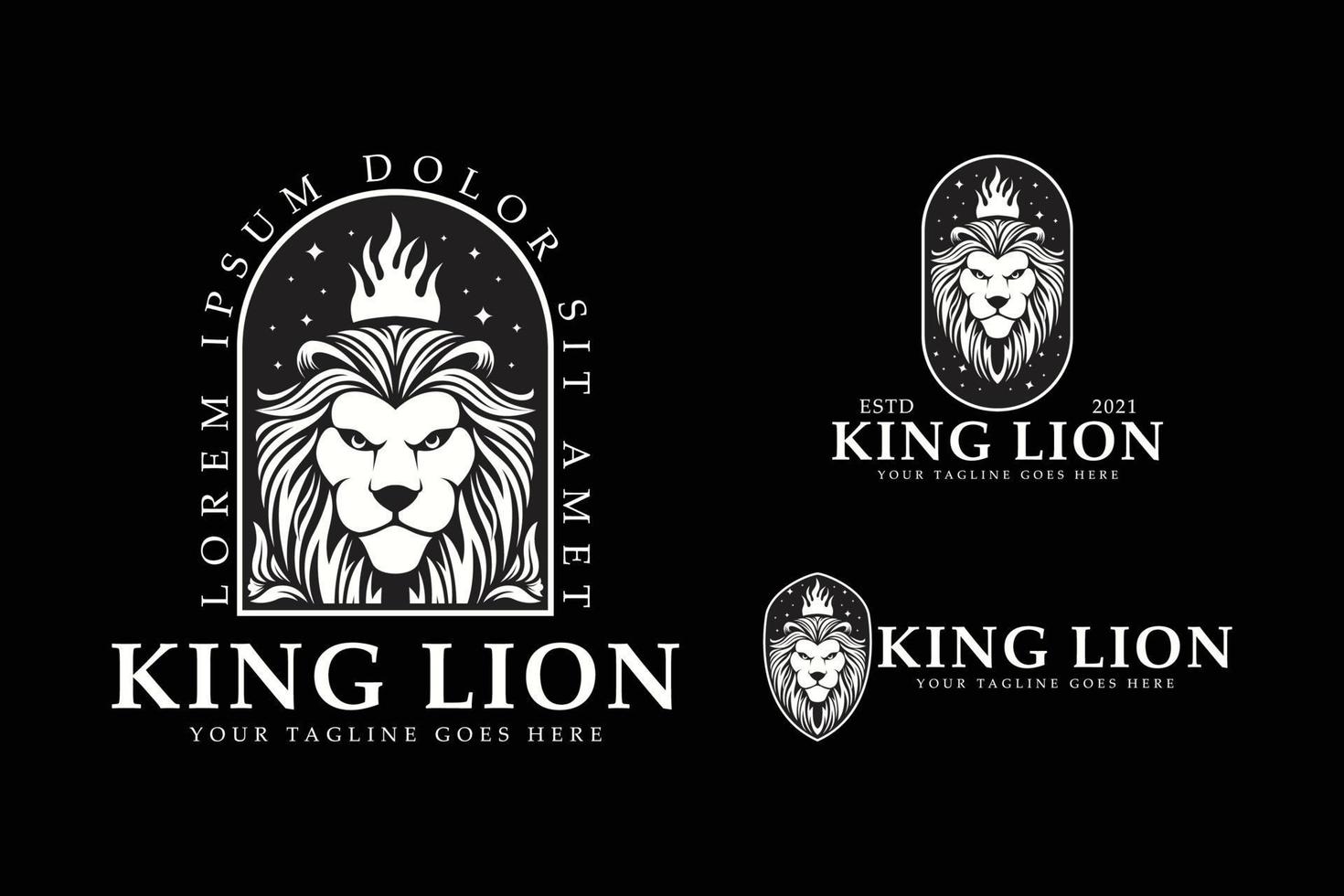 König Löwe Logo Vektor Illustration Set Bundle Template Design auf schwarzem Hintergrund