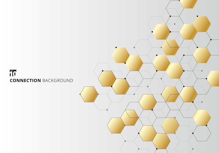 Abstrakte Goldhexagone mit den Knoten digital geometrisch mit schwarzen Linien und Punkten auf weißem Hintergrund. Technologie-Verbindungskonzept. vektor