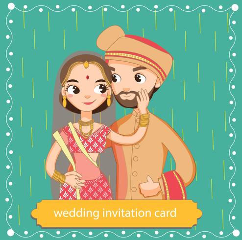 niedliche indische Braut und Bräutigam im Trachtenkleid für die Hochzeitseinladungskarte vektor