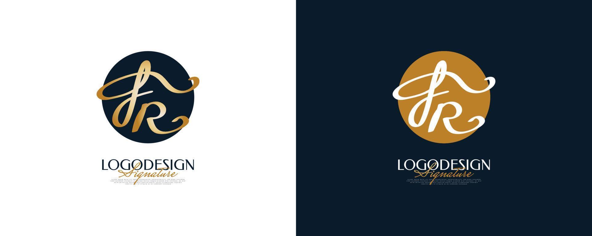 initial f och r-logotypdesign i elegant och minimalistisk guldhandstil. fr signaturlogotyp eller symbol för bröllop, mode, smycken, boutique och affärsidentitet vektor