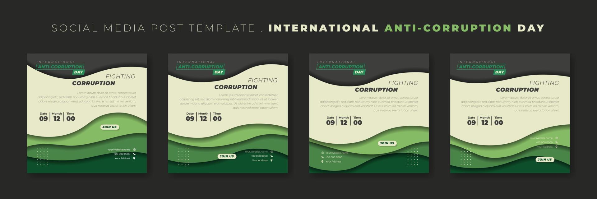 satz von social-media-beitragsvorlagen mit grünem papierschnittdesign. internationales vorlagendesign zum antikorruptionstag. vektor