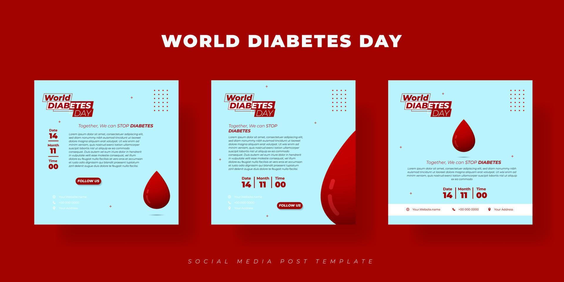 uppsättning av inläggsmall för sociala medier. World Diabetes Day malldesign. inläggsmall för sociala medier med bloddesign. vektor