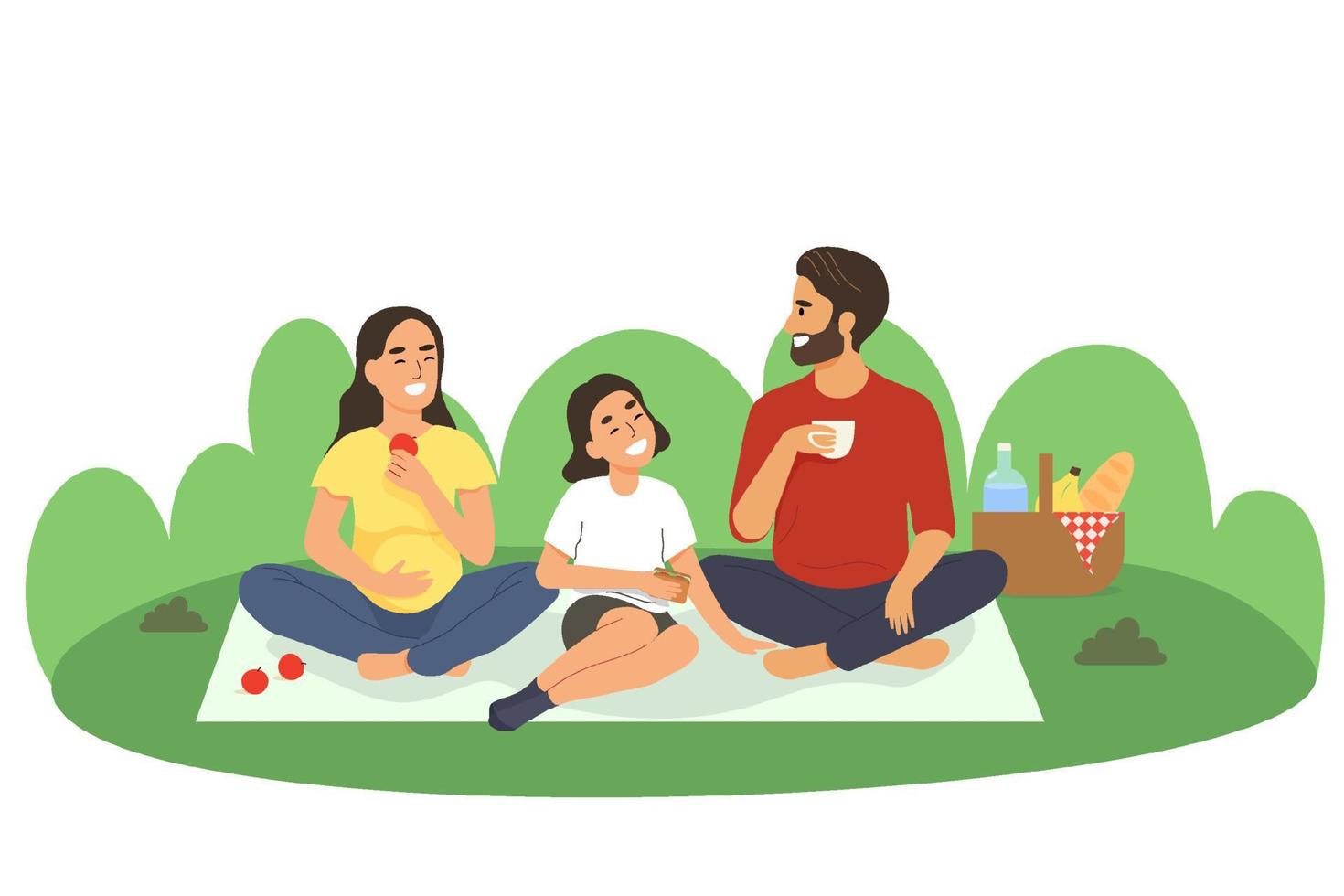 en sportig familj tillbringar tid utomhus. pappa, mamma och dotter kopplar av och äter i naturen. vektor illustration i platt stil