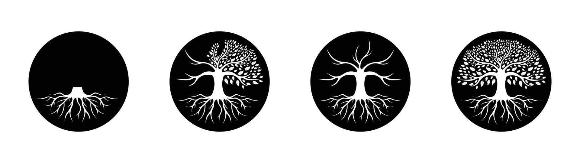 Baum des Lebens-Logo-Design-Inspiration isoliert auf weißem Hintergrund, schwarzes Eichen-Logo und Wurzel-Design-Vektor-Illustration vektor