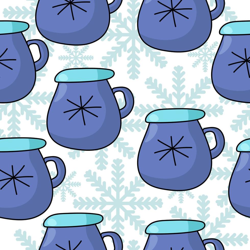 Blaue Tasse mit nahtlosem Muster der Konturschneeflocke, gemütliche Tasse im Cartoon-Stil auf einem Hintergrund von kunstvollen Schneeflocken vektor