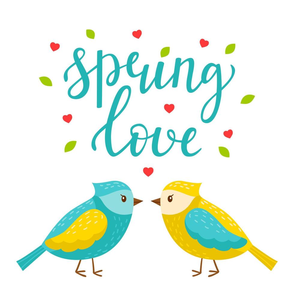 älskare av vårens vackra fåglar. orden vårkärlek. seriefigurer och bokstäver. ljusa färger vektorillustration, vykort i platt stil. isolerad på en vit bakgrund. vektor