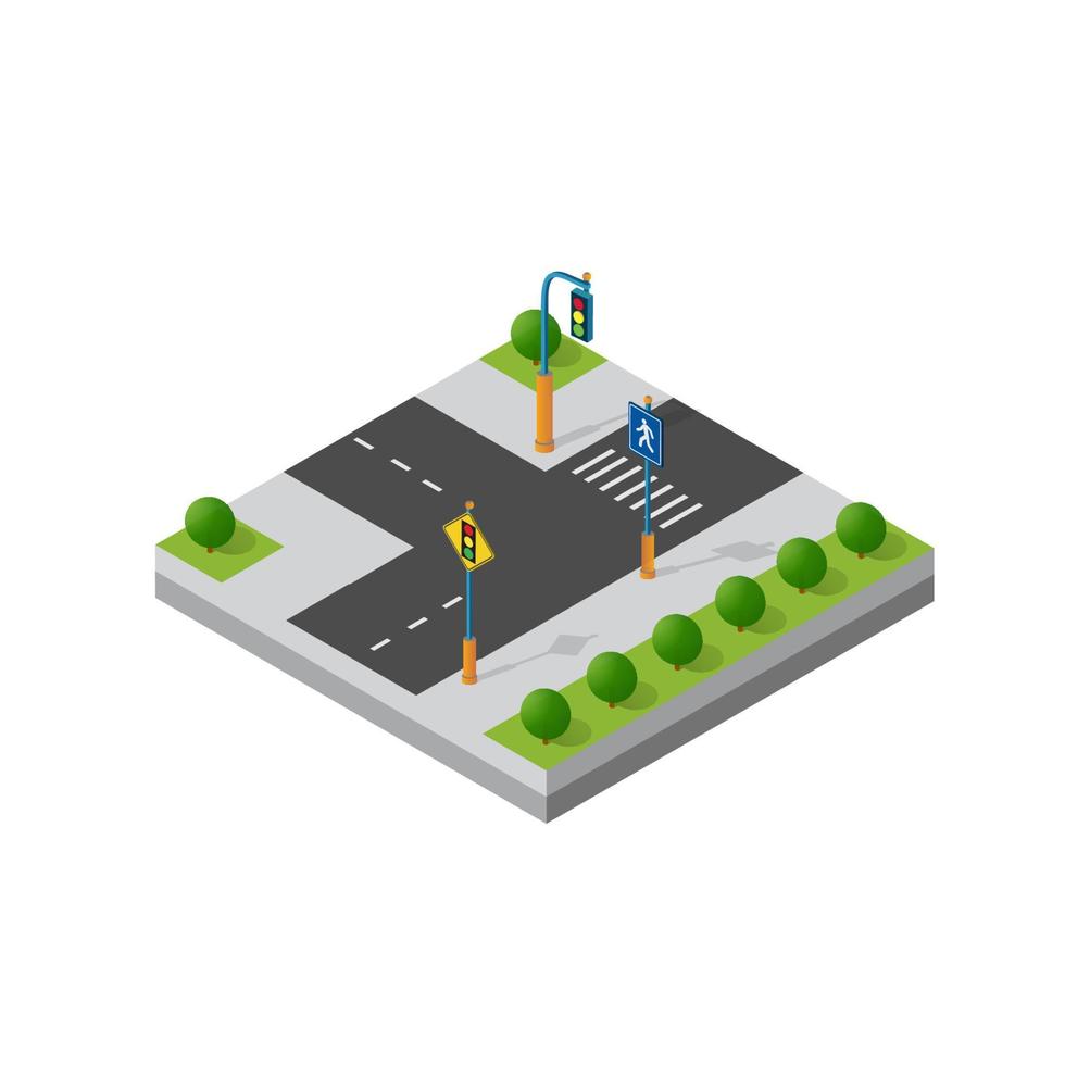 isometrischer 3d-modulblock bezirksteil der stadt mit einer straße straße aus der städtischen infrastruktur der vektorarchitektur. moderne weiße Illustration für Spieldesign und Geschäftshintergrund vektor