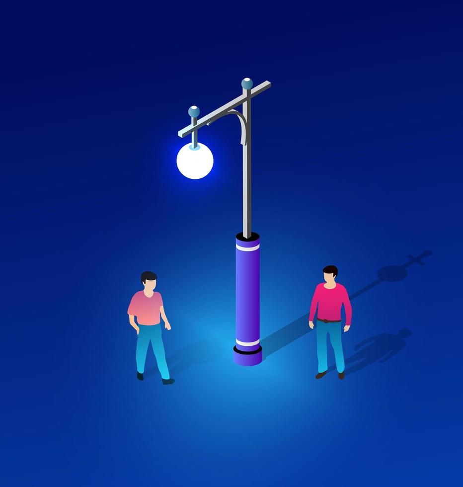 ultraviolette neon-straßenlaterne isometrische menschen, die männer auf der straße gehen, gehen auf die 3d-illustration vektor