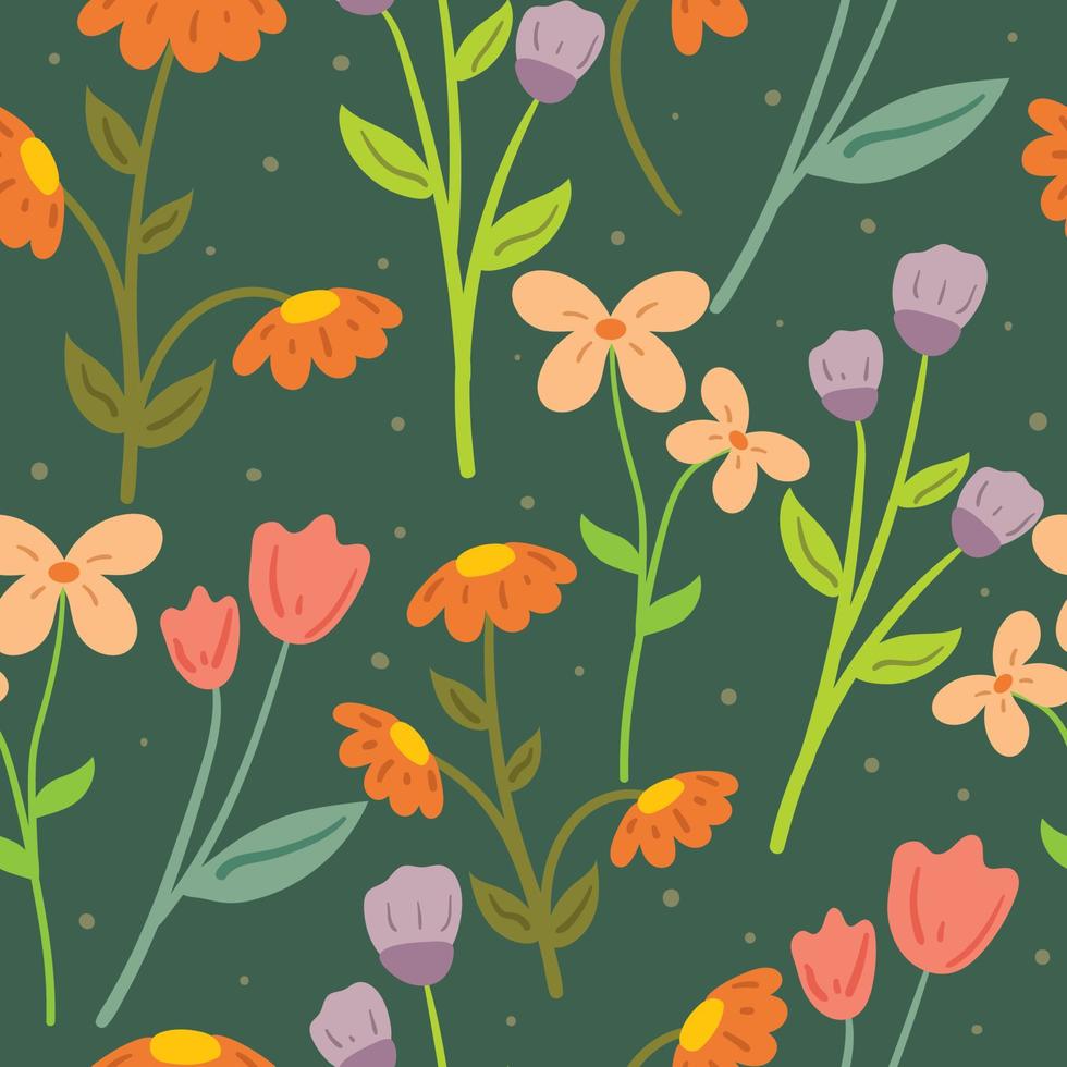 sömlösa mönster hand ritning tecknad blomma och blad. växtritning för tygtryck, textil, presentpapper vektor
