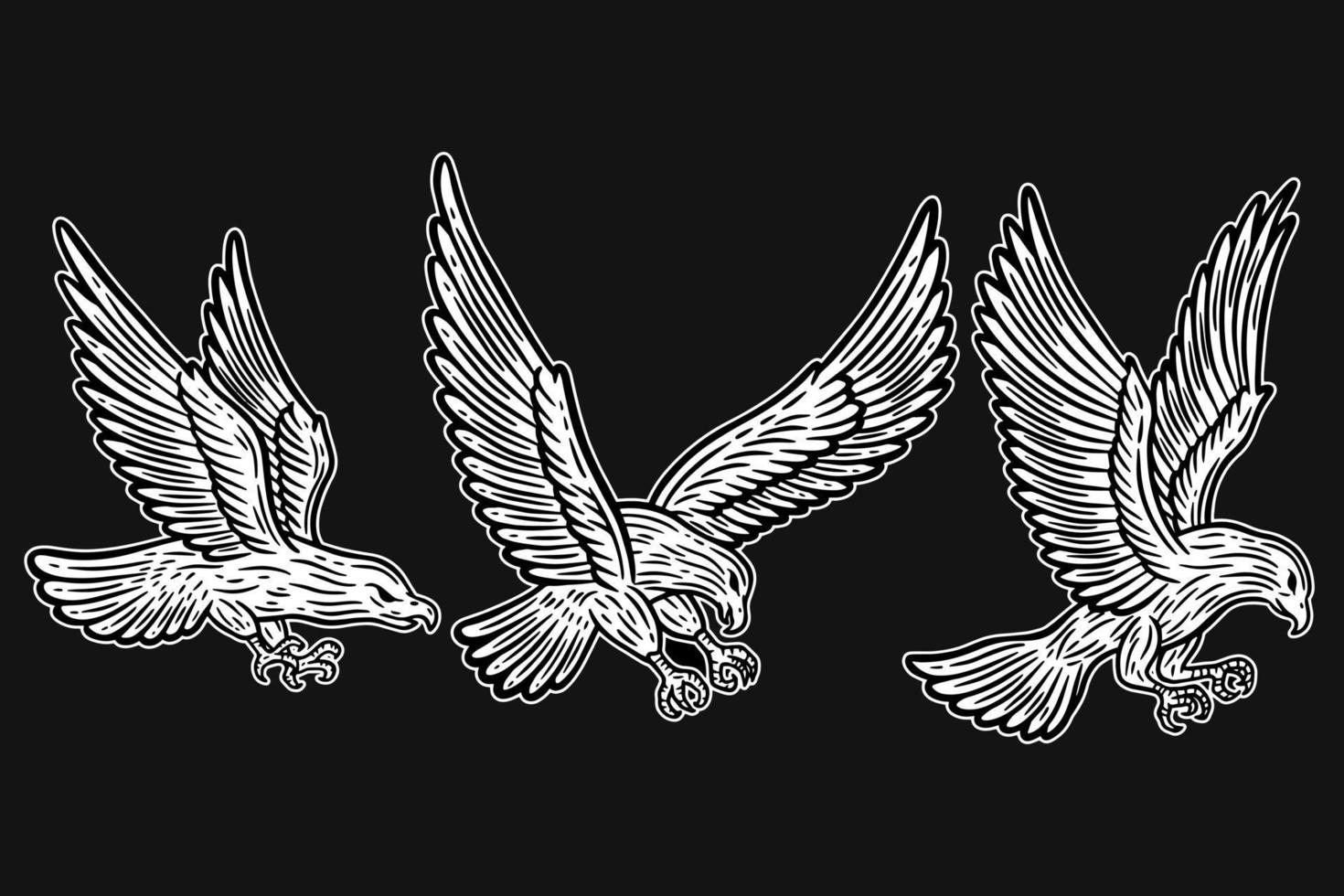 set adler vogel tierflügel fliegende hand gezeichnet für tattoo und t-shirt art illustration vektor