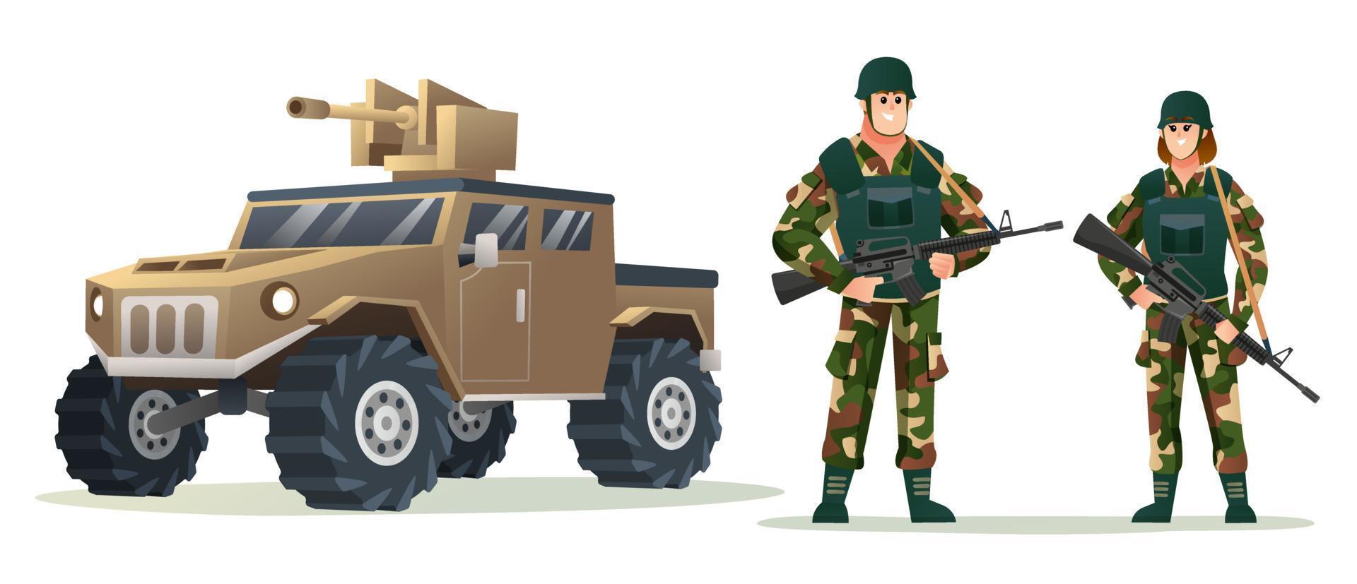 männliche und weibliche armeesoldaten, die waffengewehre mit karikaturillustration des militärfahrzeugs halten vektor