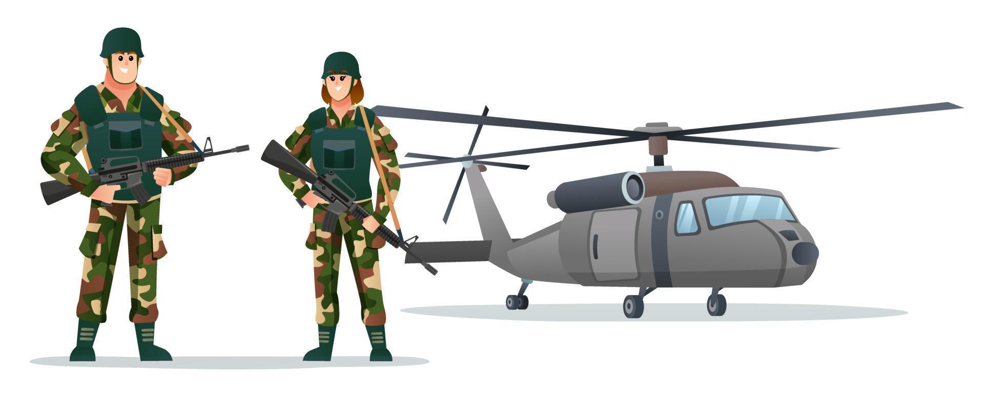 manliga och kvinnliga armésoldater håller vapenvapen med militärhelikopter tecknad illustration vektor