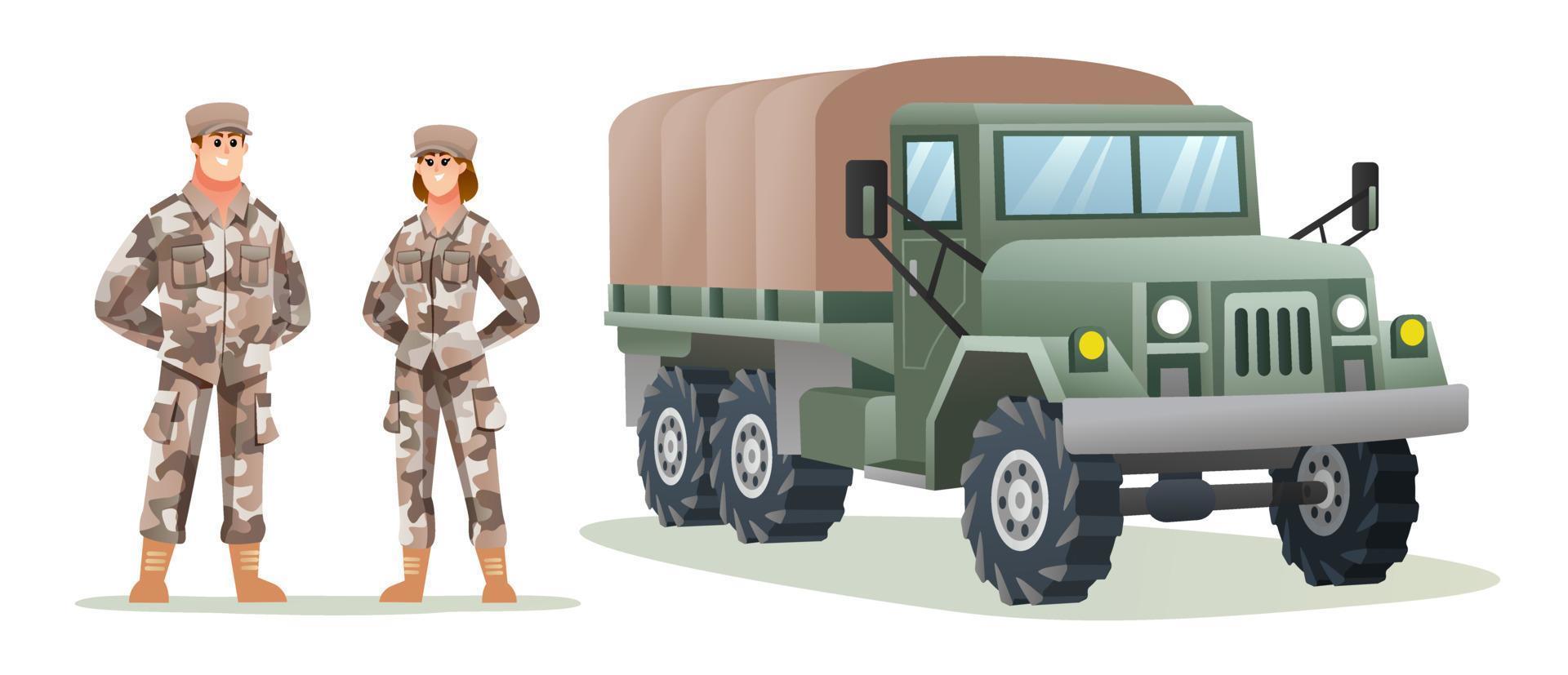 männliche und weibliche armeesoldatcharaktere mit militärlastwagen-karikaturillustration vektor