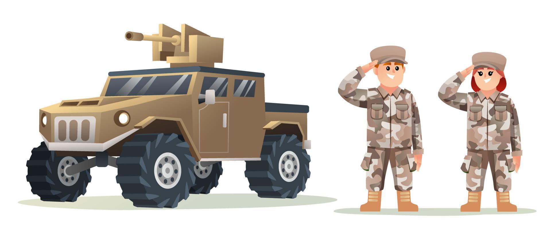 niedliche soldatenfiguren des kleinen jungen und des mädchens mit karikaturillustration des militärfahrzeugs vektor