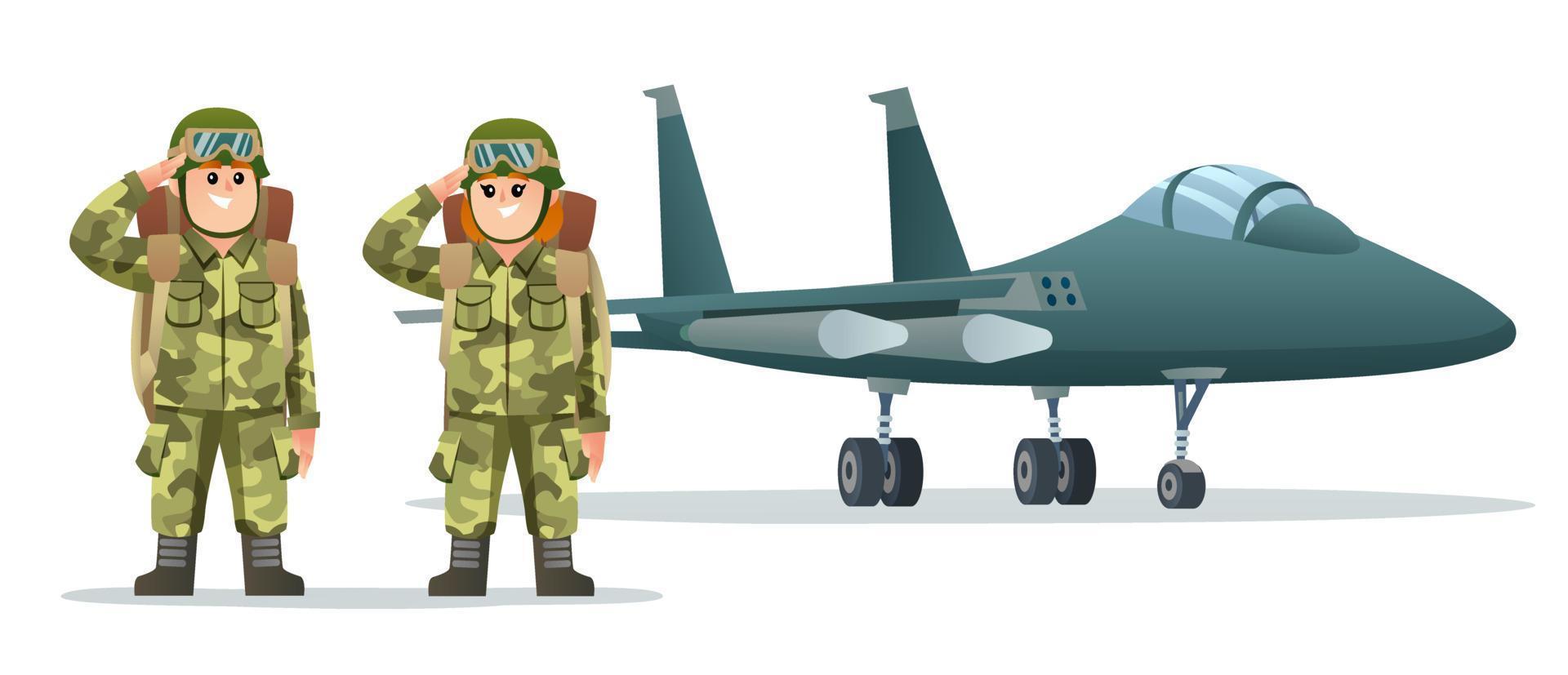 niedliche junge und mädchenarmeesoldaten, die rucksackfiguren mit karikaturillustration des militärischen düsenflugzeugs tragen vektor