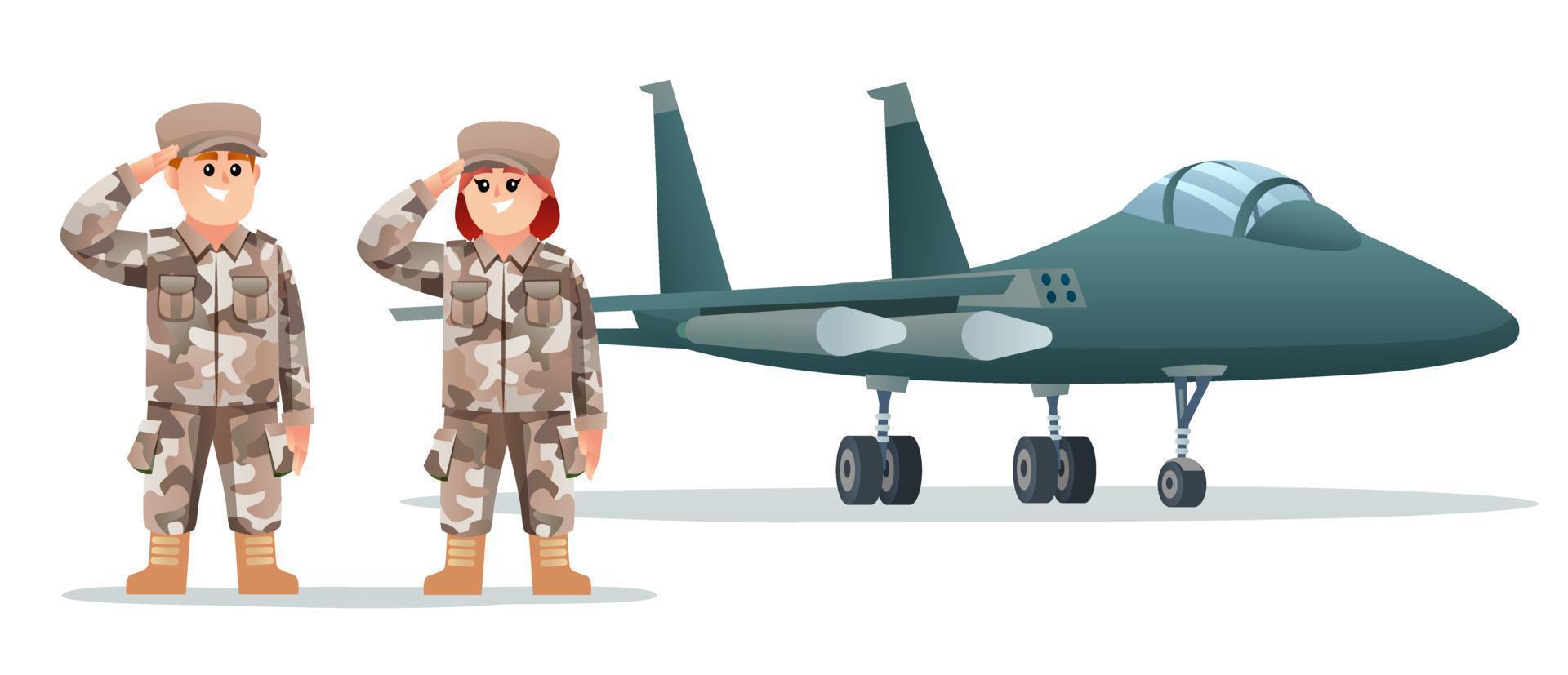 niedliche männliche und weibliche armeesoldatenfiguren mit militärischem düsenflugzeug vektor
