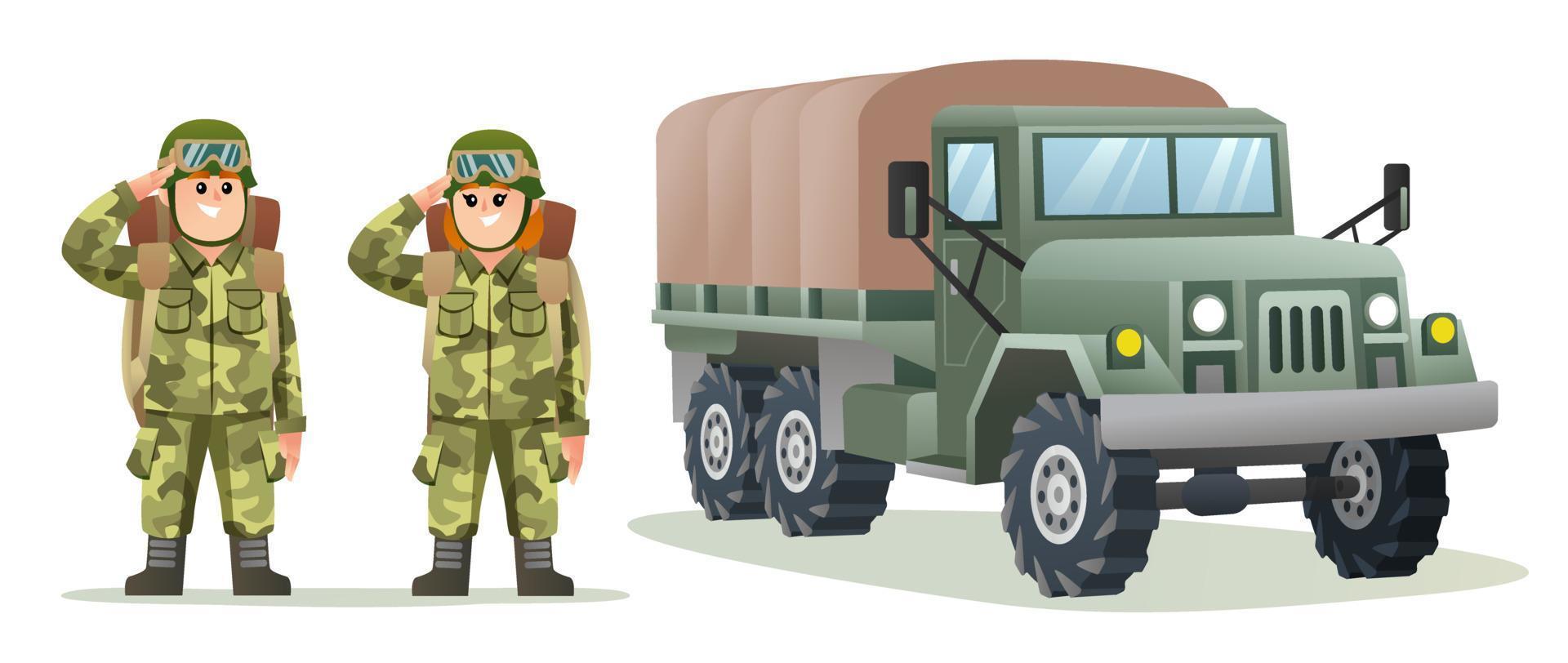 niedliche junge und mädchenarmeesoldaten, die rucksackfiguren mit militärlastwagenkarikaturillustration tragen vektor