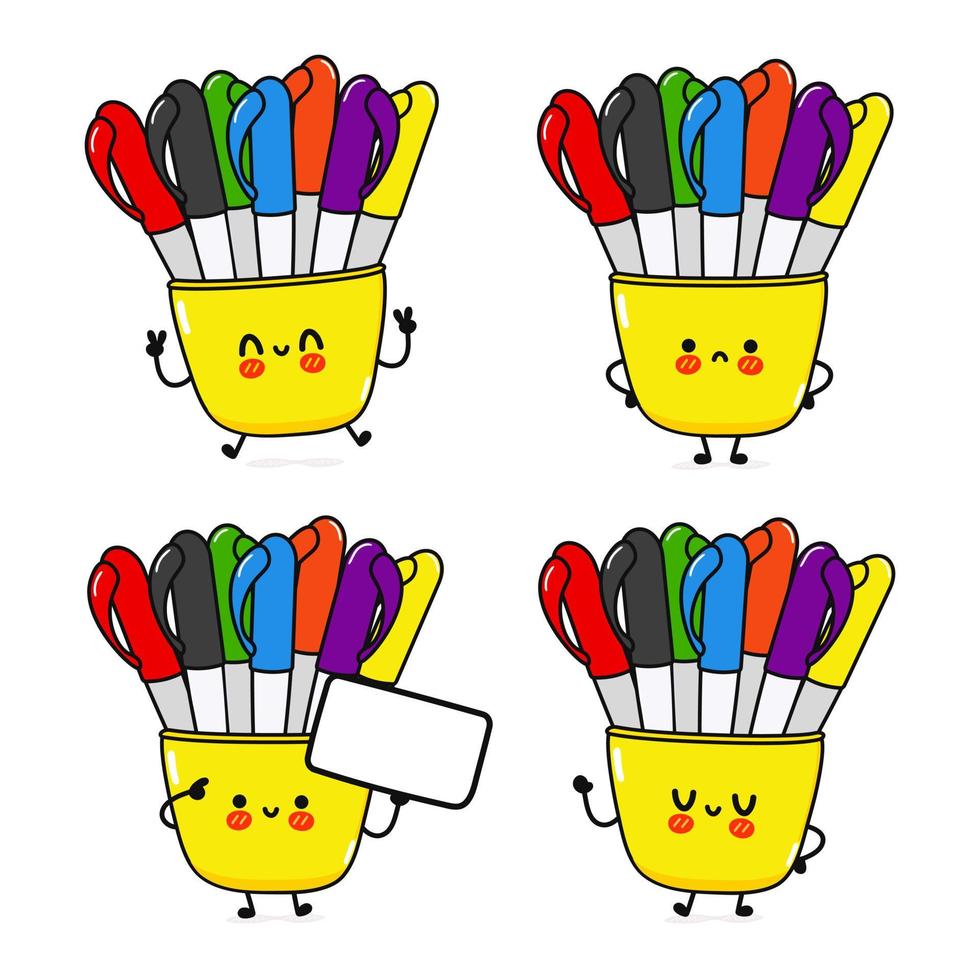 lustige niedliche fröhliche mehrfarbige stifte zeichen bündelsatz. Vektor handgezeichnete Doodle-Stil Cartoon Charakter Illustration Icon Design. niedliche mehrfarbige stifte maskottchen charakter sammlung