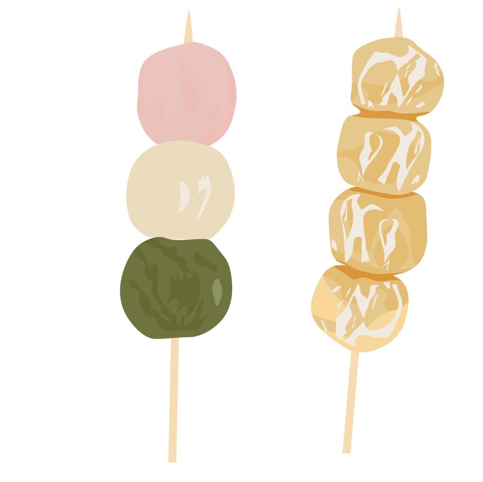 dango vektor stock illustration. mochibollar, kinakomjöl. japanska sötsaker, kusa dango och rismjöl. närbild av en läcker dango. japanska dumplings spett, mat. isolerad på en vit bakgrund.