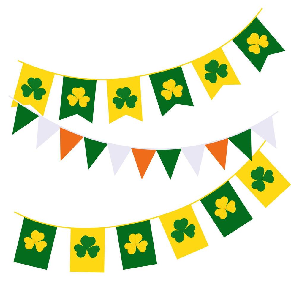 Girlanden mit einer Kleeblume. glücklicher st patrick's day. flaggen sind eine vorlage für eine party bis zum 17. märz. vektorstockillustration. isoliert auf weißem Hintergrund. vektor