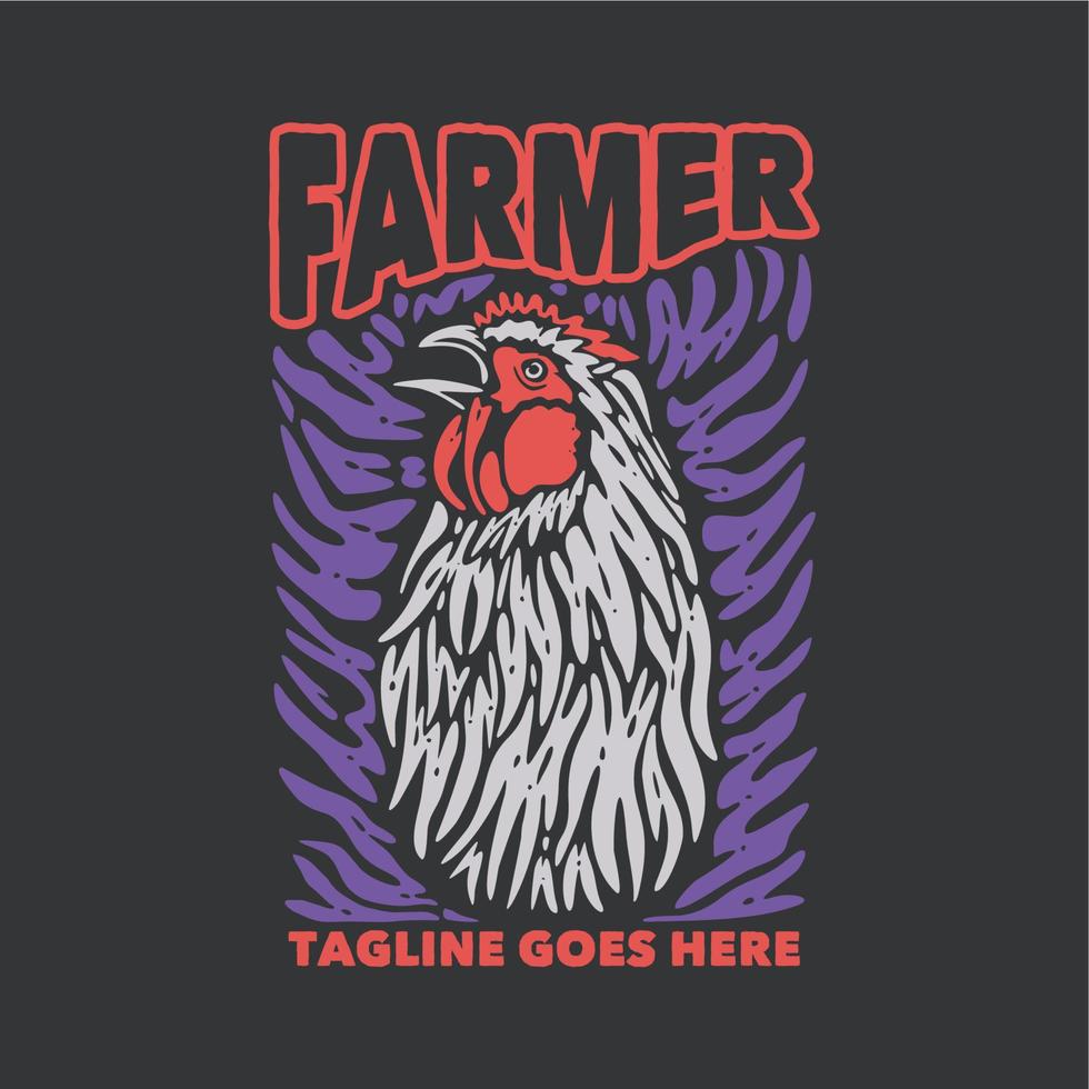 t-shirt design bonde med kyckling och grå bakgrund vintage illustration vektor