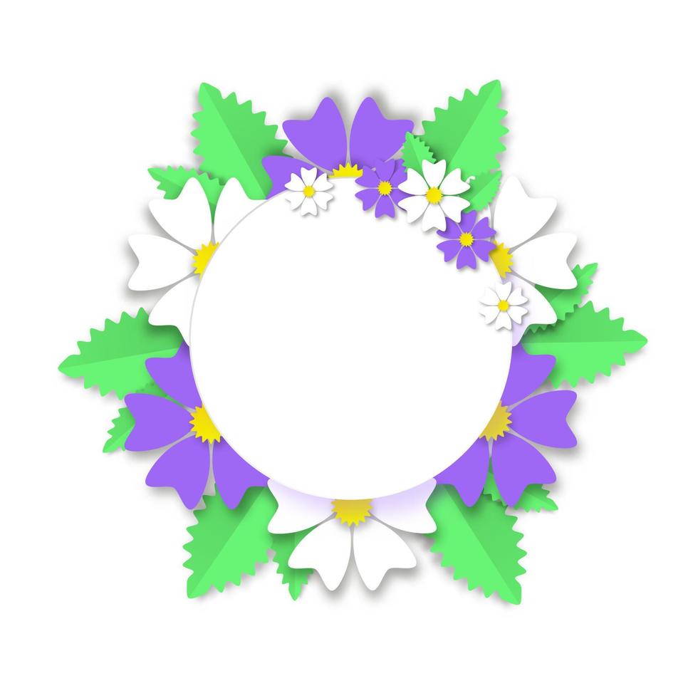 krans vilda blommor sommar på vit yta papper skär banner. ljusa tusenskönor med lila blåklint och gröna blad runt tom cirkel för romantiska vektor hälsningar affisch