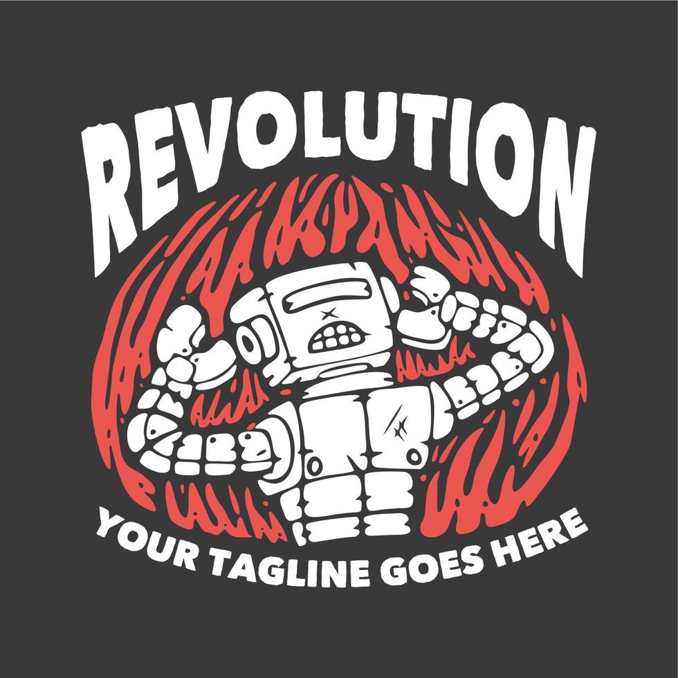 t-shirt design revolution med robot och grå bakgrund vintage illustration vektor