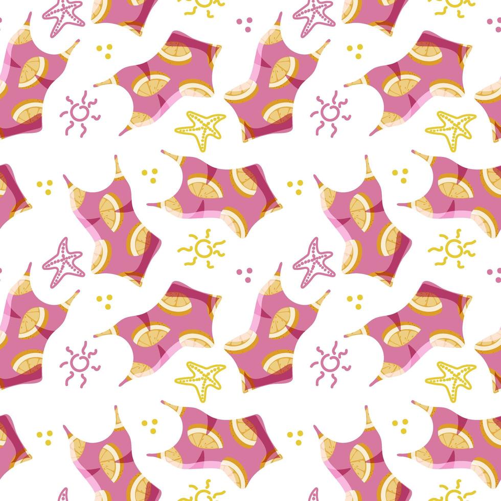 Nahtloses Badeanzugmuster, handgezeichnet im Cartoon-Stil. rosa badeanzüge mit orangefarbenem druck auf weißem hintergrund. Mädchen, Frauen. Sonnen- und Seesternelemente im Doodle-Stil. sommerspaß hintergrund. vektor