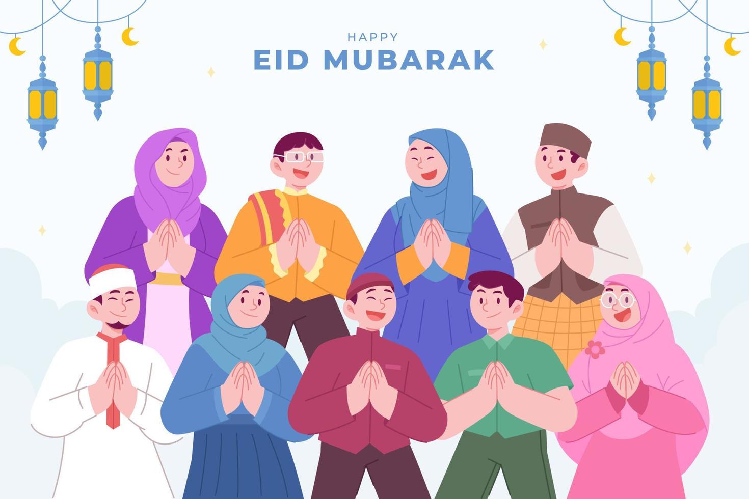 ramadan kareem mubarak glad muslimsk familj som firar eid al fitr till alla muslimer, med barn barn och föräldrar. lämplig för gratulationskort, inbjudan och banderoll. platt vektorillustration vektor