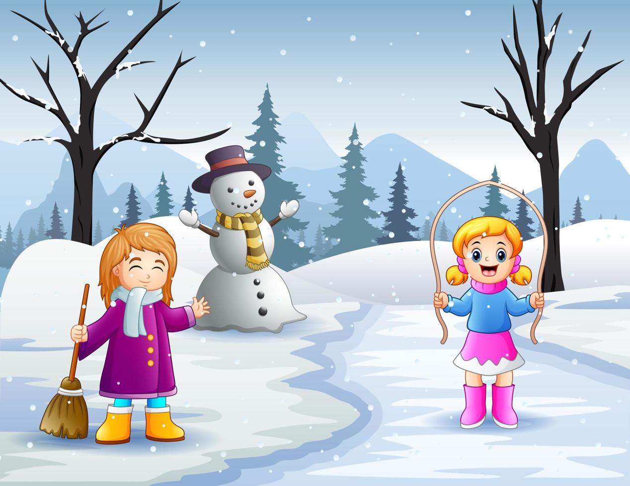 två flickor aktivitet utomhus i snöiga vinterlandskap vektor