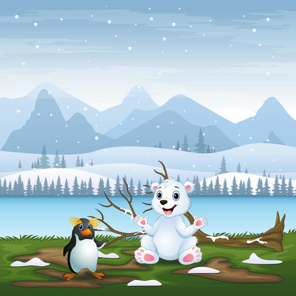 tecknad en isbjörn och pingvin i snöfältet illustration vektor