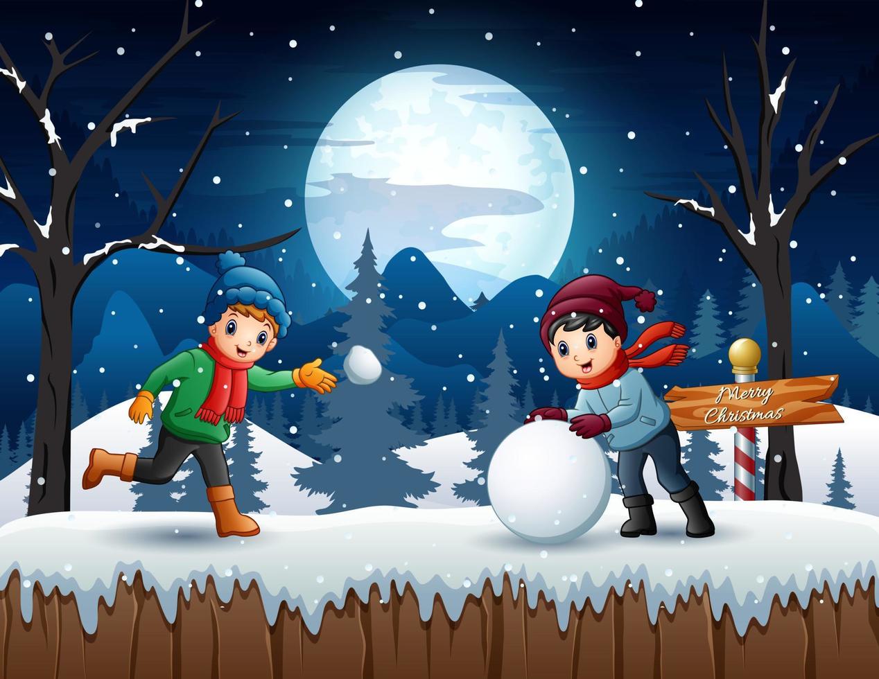 karikaturkinder, die schneeball in der winternacht spielen vektor