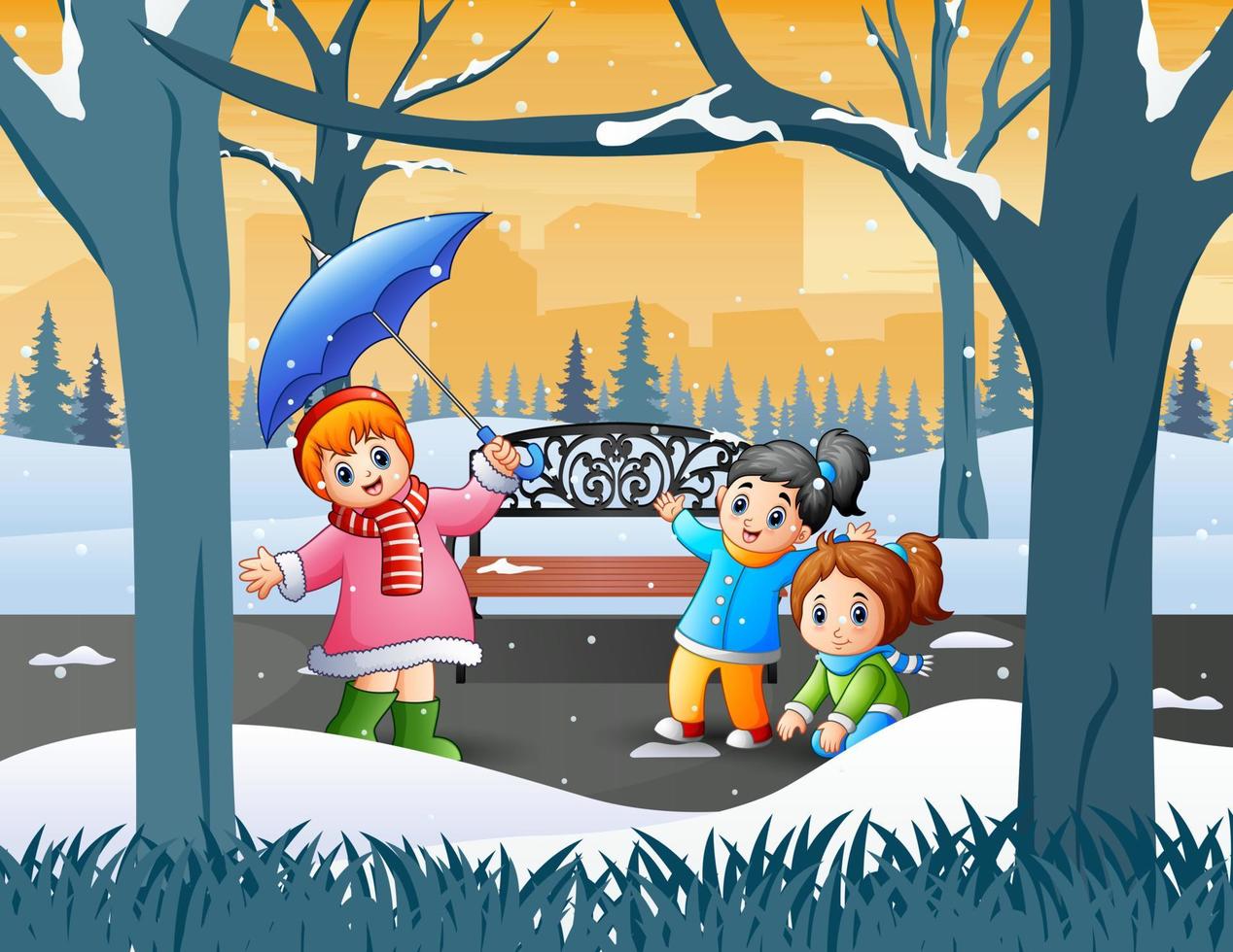glückliche kinder, die im winterpark spielen vektor