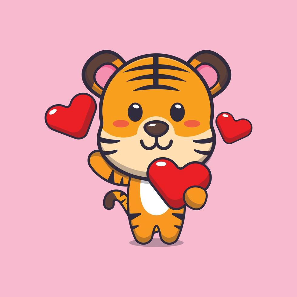 niedliche tiger-zeichentrickfigur, die liebe am valentinstag hält vektor