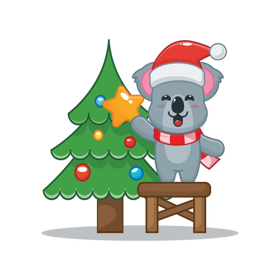 niedliche koala-zeichentrickfigur, die stern vom weihnachtsbaum nimmt vektor