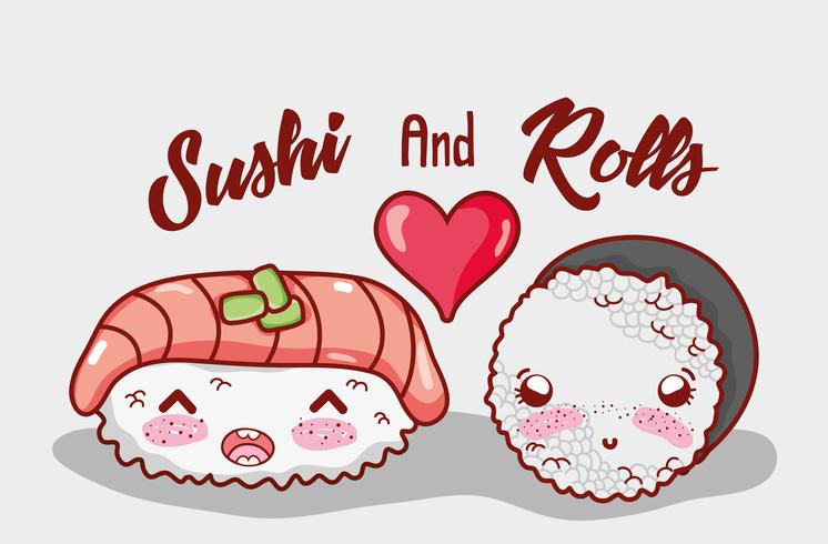 Sushi och rullar söta kawaii-tecknade filmer vektor