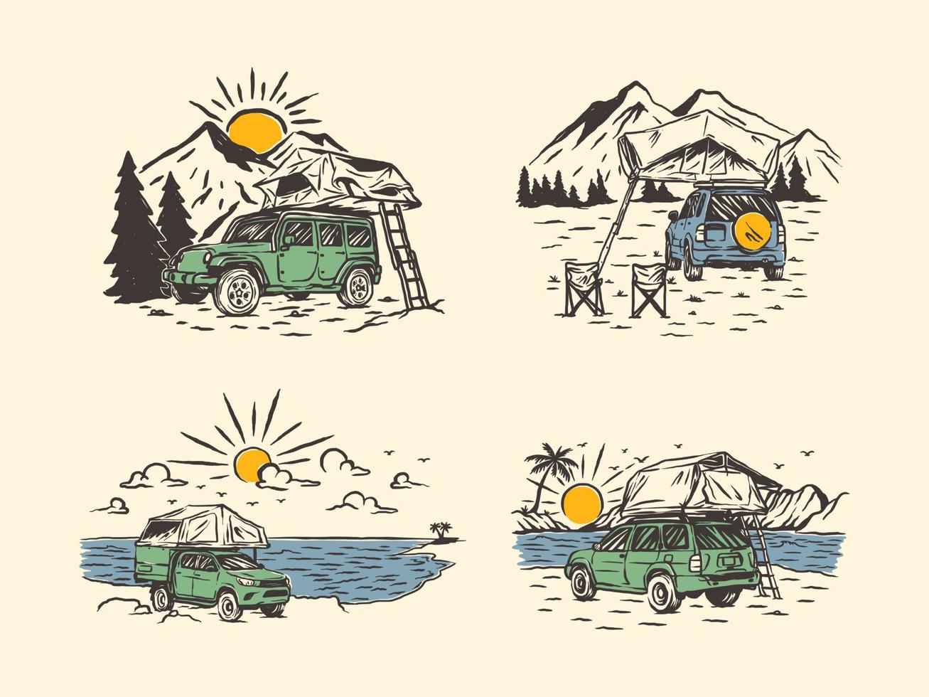 Set Vintage handgezeichnete Camper-Auto-Abenteuer-Logo-Label vektor