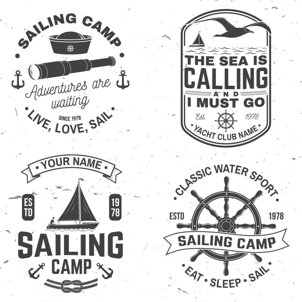 Set Sommer-Segelcamp-Abzeichen. Vektor. konzept für hemd, druck oder t-stück. Vintage-Typografie-Design mit schwarzen Seeankern und Seilknoten-Silhouette. beste sportliche Betätigung vektor