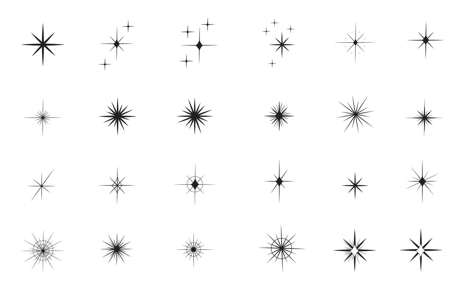 Sterne flache Linie Symbole gesetzt. sternenklare nacht, fallender stern, feuerwerk, funkeln, glühen, glitzernde platzvektorillustrationen. vektor