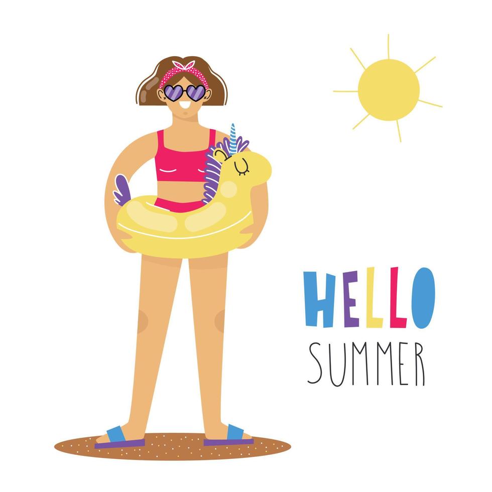 ung kvinna som bor i bikini med enhörningssimring. bokstäver hej sommar. vektor illustration.