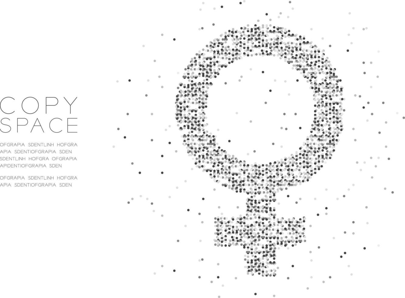abstrakte geometrische Kreispunktmolekülpartikelfrauenzeichenform, vr-Technologie weibliches Geschlechtskonzeptdesign schwarze Farbillustration lokalisiert auf weißem Hintergrund mit Kopienraum vektor