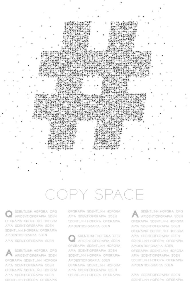 abstraktes geometrisches Kreispunkt-Pixelmuster Hashtag-Zeichen, soziales Netzwerk verbindet Konzeptdesign schwarze Farbillustration auf weißem Hintergrund mit Kopierraum, Vektor eps 10