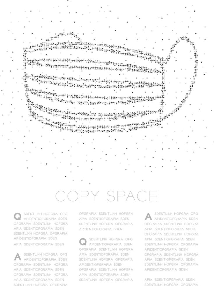 abstrakte geometrische kreispunktmolekülpartikelstaubmaske oder partikelatemschutzmaske, vr-technologieverschmutzung pm 2.5 und covid-19 design schwarze farbillustration auf weißem hintergrund, kopierraum vektor